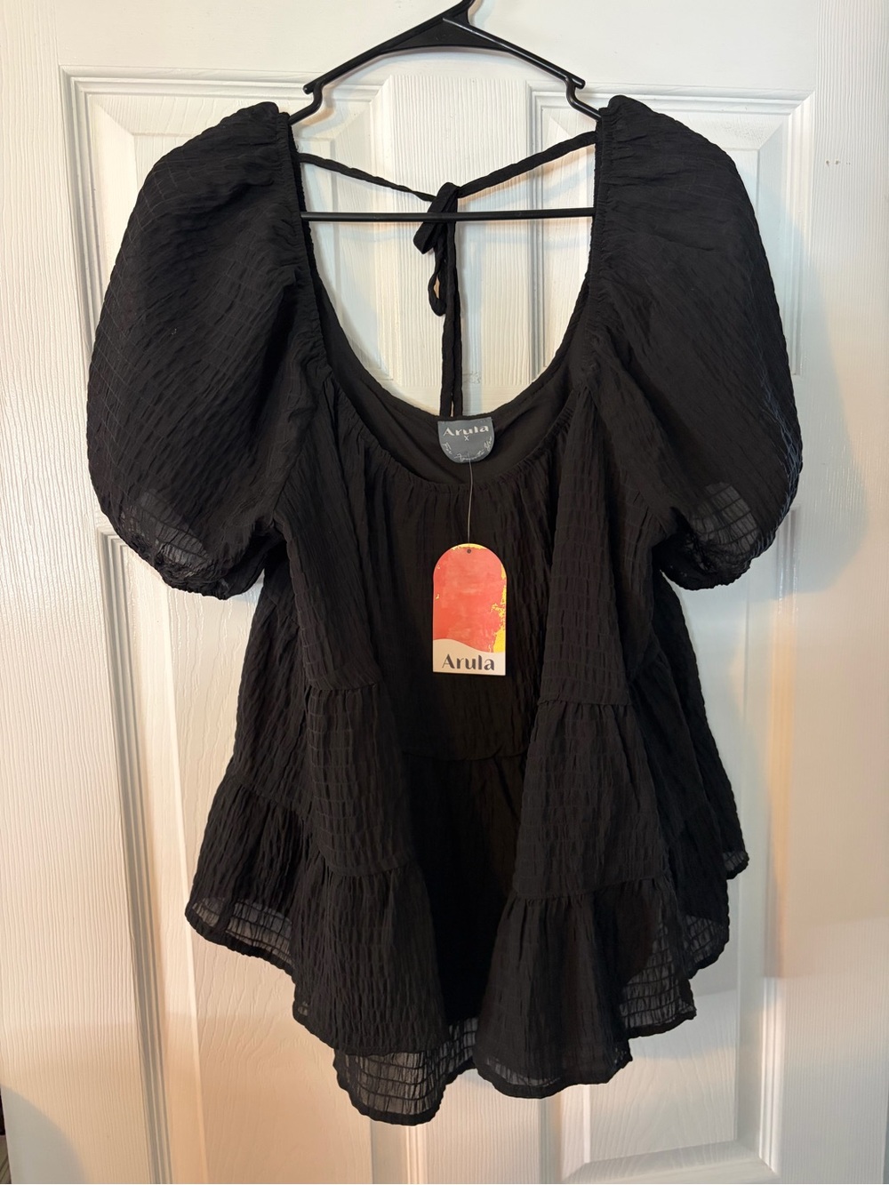 ARULA Black Puff-Sleeve Tiered Peasant Blouse